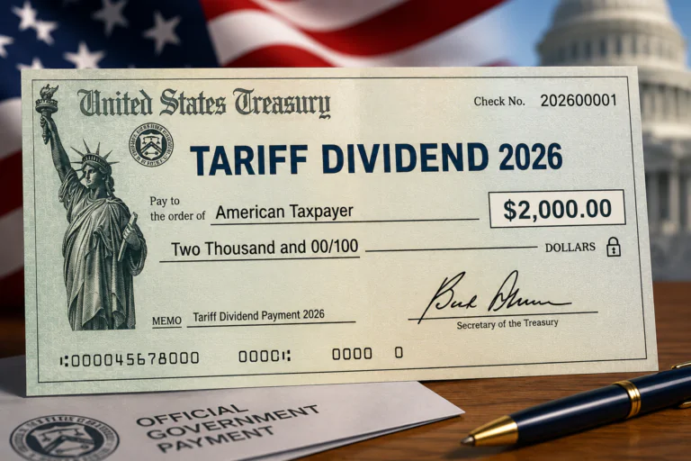 Tariff dividend check 2026 illustration showing proposed $2,000 payment